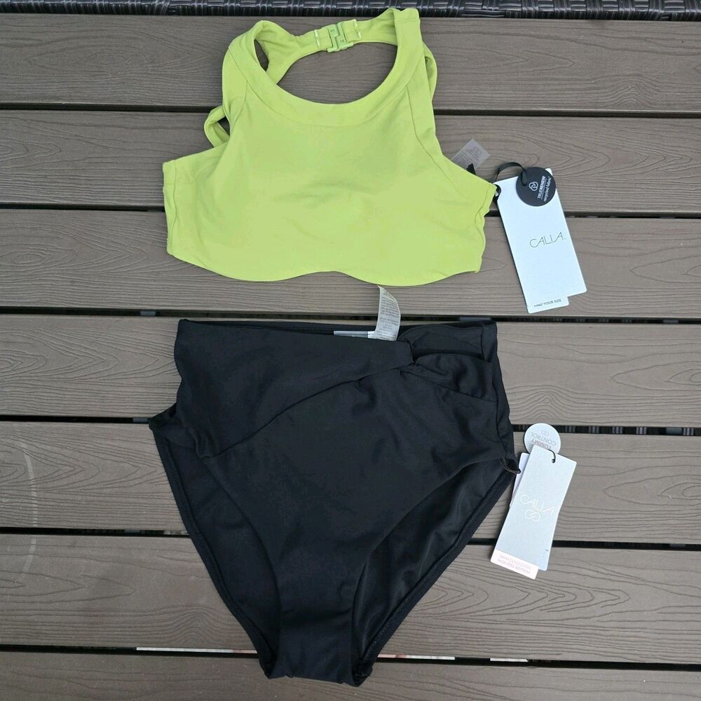 CALIA Women's Lime High Neck Top & High Rise Twist Bikini Size XS New
